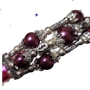 Faux purple pearl beaded Cuff bracelet lobster clasp